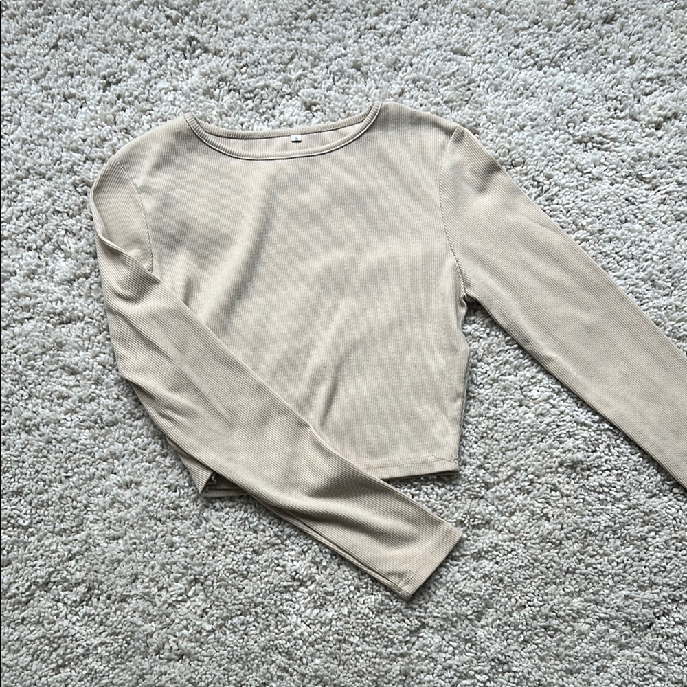 Tan Fitted Crop Top with Long Sleeves